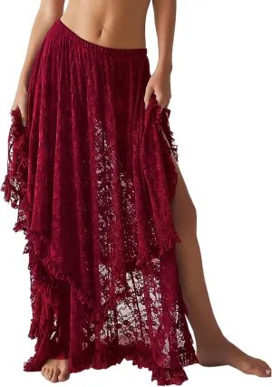 Yimoon Women's Floral Lace Long Skirts Elastic Asymmetrical Layered See-Through Maxi Skirts Sexy Sheer Flowy Beach Skirt