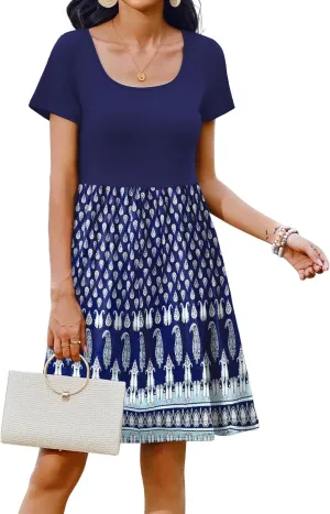 Zeagoo Womens Casual Dress Floral Patchwork Summer Dress Square Neck Short Sleeve A Line Flowy Swing Mini Dress with Pockets