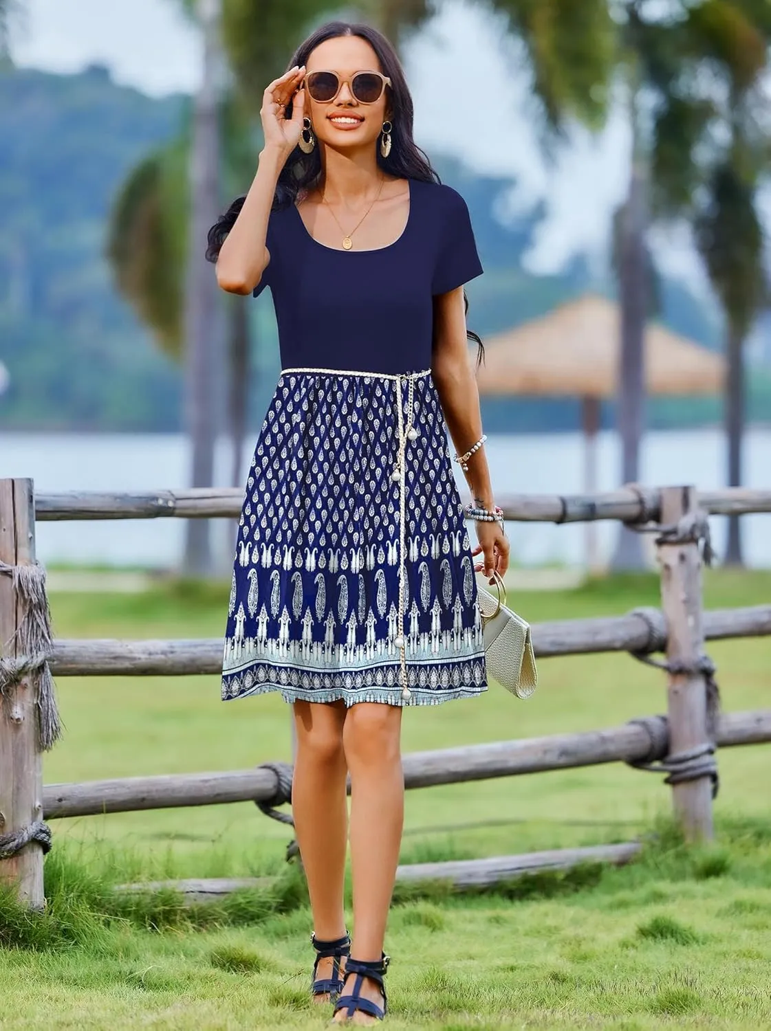 Zeagoo Womens Casual Dress Floral Patchwork Summer Dress Square Neck Short Sleeve A Line Flowy Swing Mini Dress with Pockets