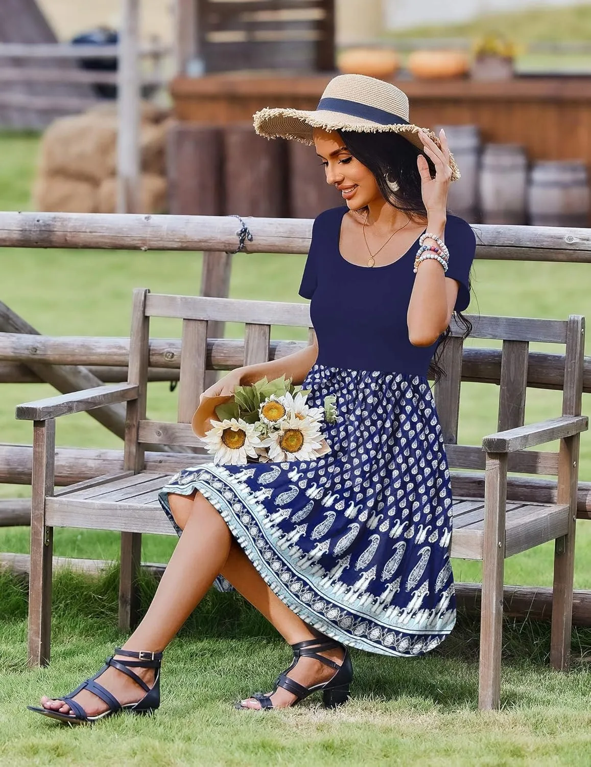 Zeagoo Womens Casual Dress Floral Patchwork Summer Dress Square Neck Short Sleeve A Line Flowy Swing Mini Dress with Pockets