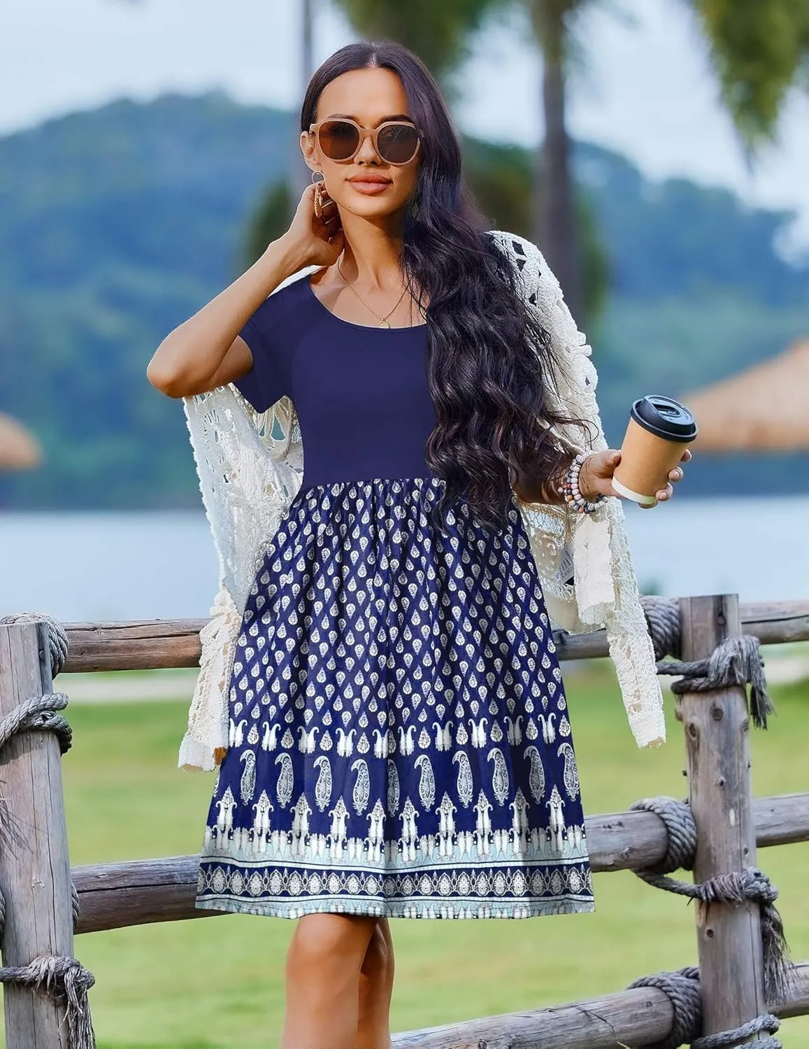 Zeagoo Womens Casual Dress Floral Patchwork Summer Dress Square Neck Short Sleeve A Line Flowy Swing Mini Dress with Pockets
