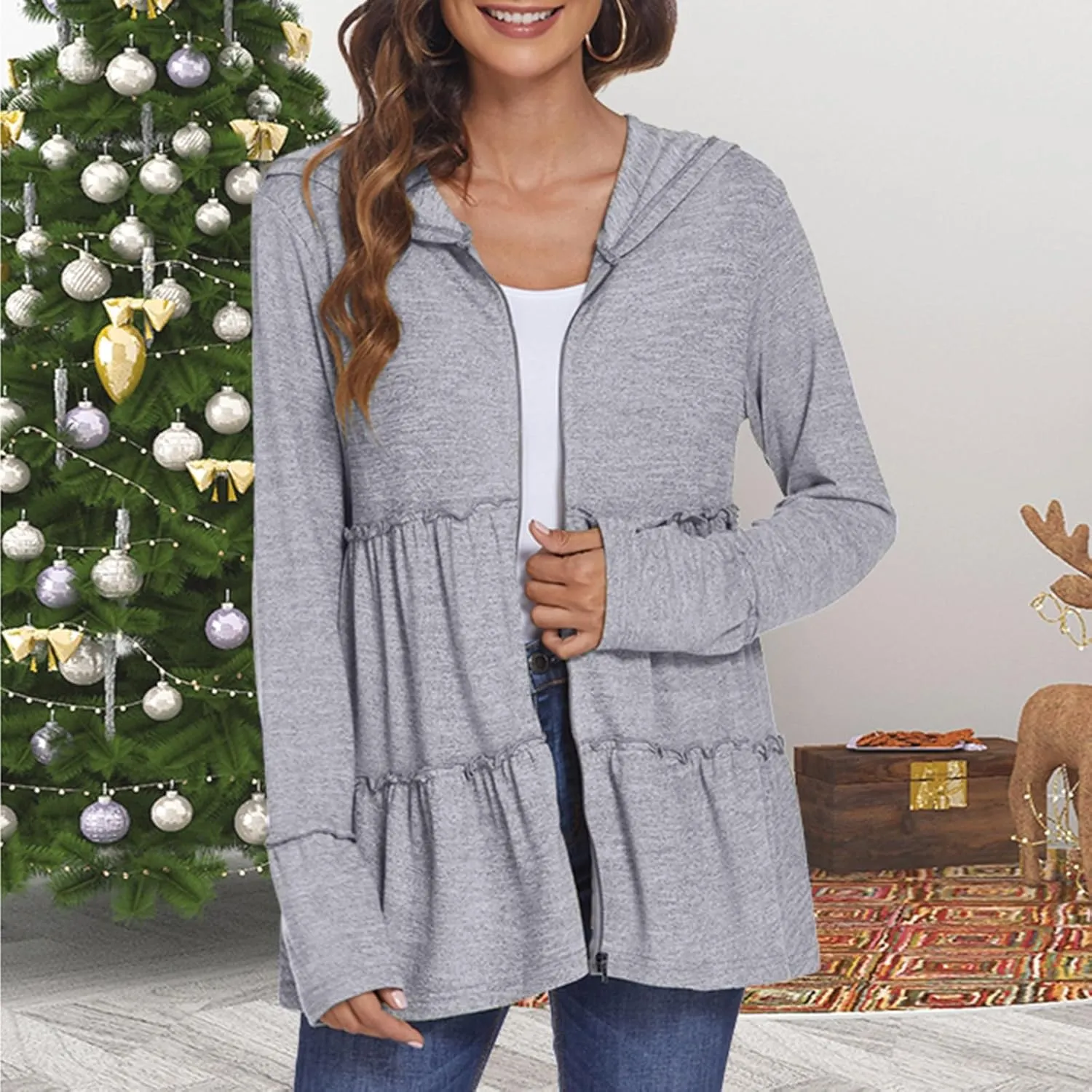 Zip Up Hoodie Women Casual Peplum Lightweight Athletic Sweat Zip Up Jackets Cute Tiered Ruffle Sweatshirt Hoodies