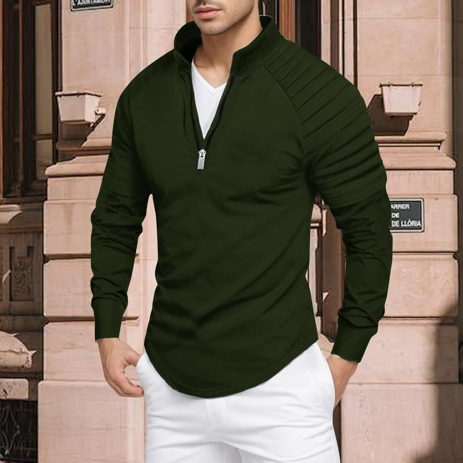 Zipper Shirts for Men's Slim Fit Shirt Casual Stretch Shoulder Pleated Zip Shirt T Shirts Men Pack Men Shirt