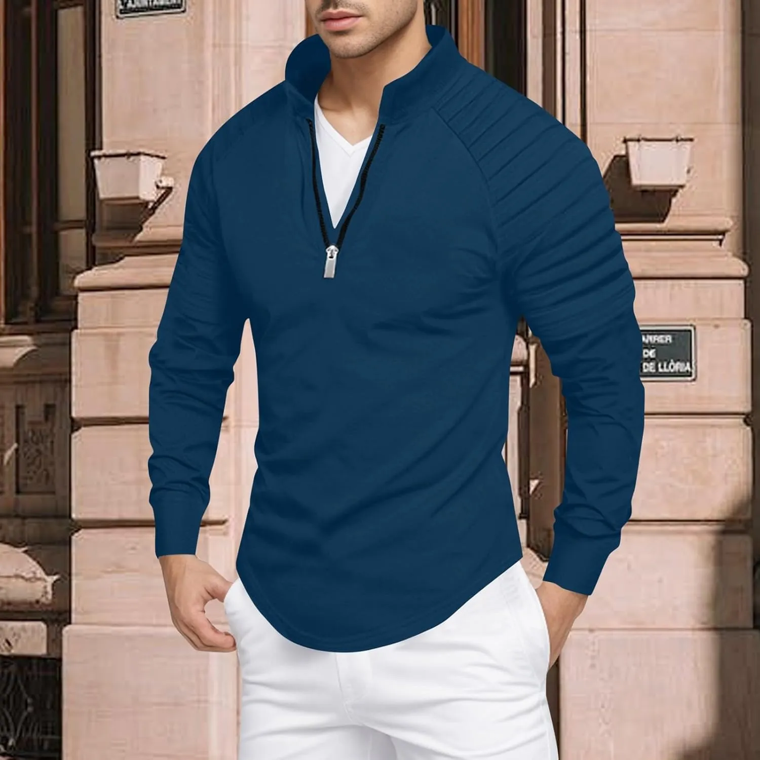 Zipper Shirts for Men's Slim Fit Shirt Casual Stretch Shoulder Pleated Zip Shirt T Shirts Men Pack Men Shirt
