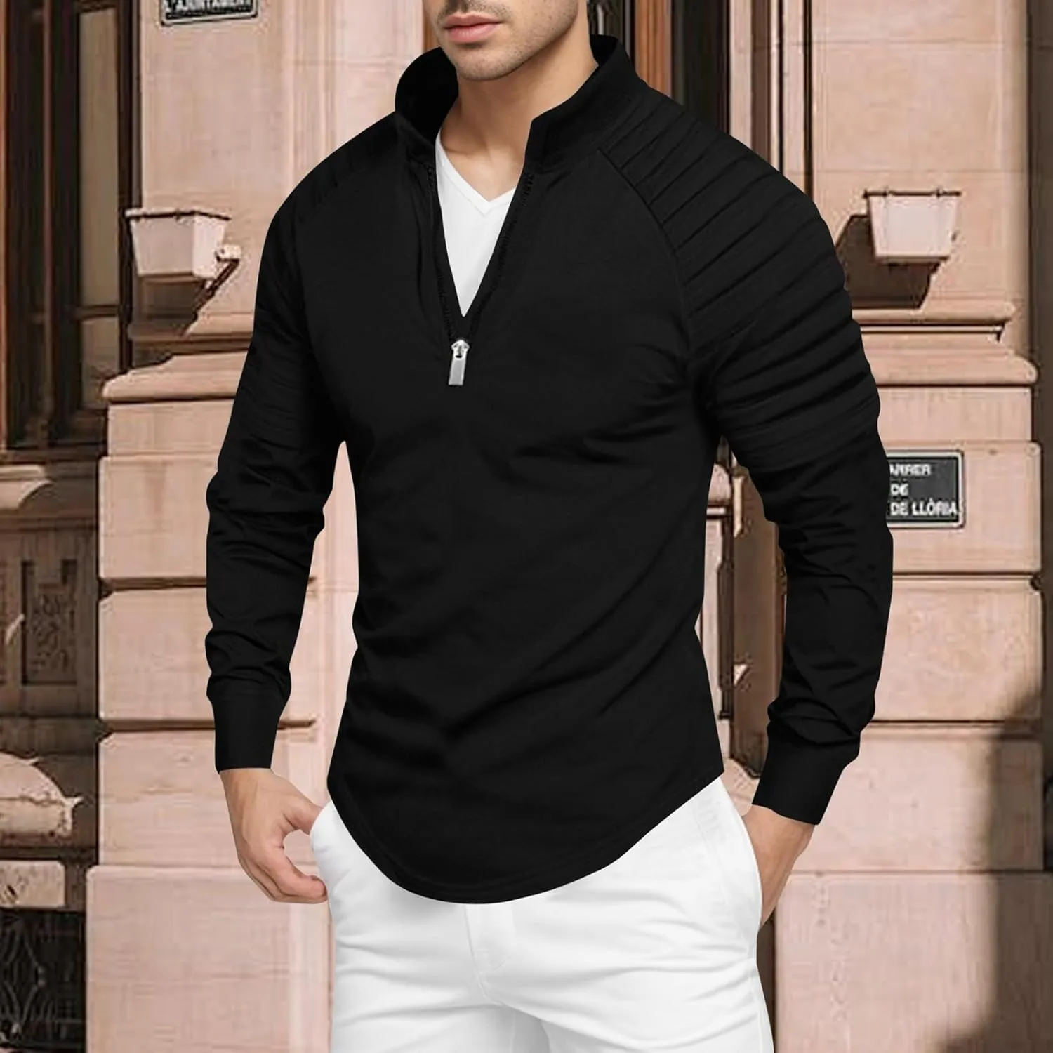 Zipper Shirts for Men's Slim Fit Shirt Casual Stretch Shoulder Pleated Zip Shirt T Shirts Men Pack Men Shirt