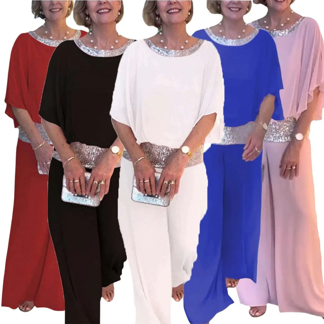 ZOCANIA Sequin Color Block 2 Piece Dresses Formal Pantsuit Women Crewneck Wedding Guest Pant Suits Cocktail Pantsuits