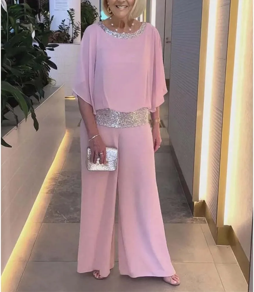 ZOCANIA Sequin Color Block 2 Piece Dresses Formal Pantsuit Women Crewneck Wedding Guest Pant Suits Cocktail Pantsuits