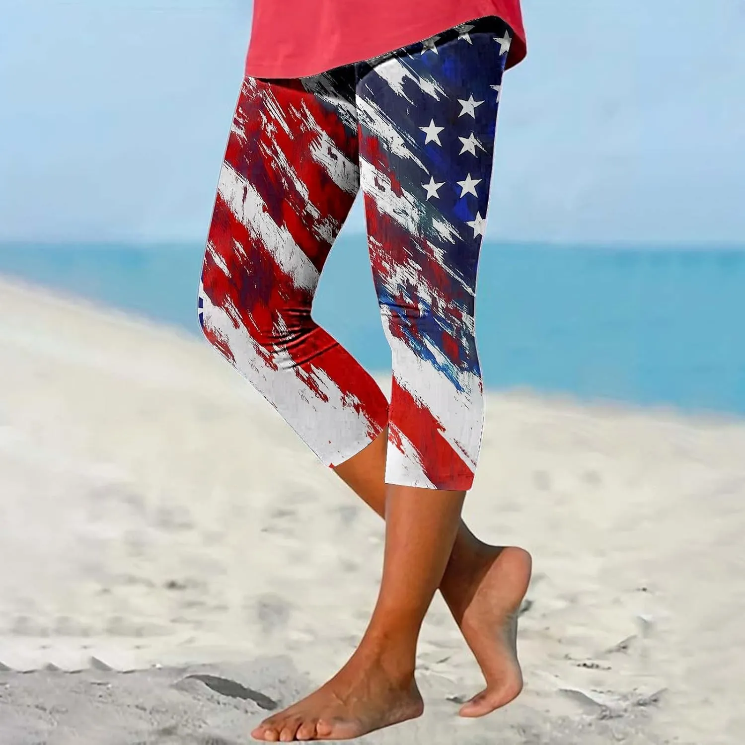ZYXTIM American Flag Capri Leggings for Women Stretch Yoga Pants 4th of July Patriotic Star Stripes Patterned Casual Trousers